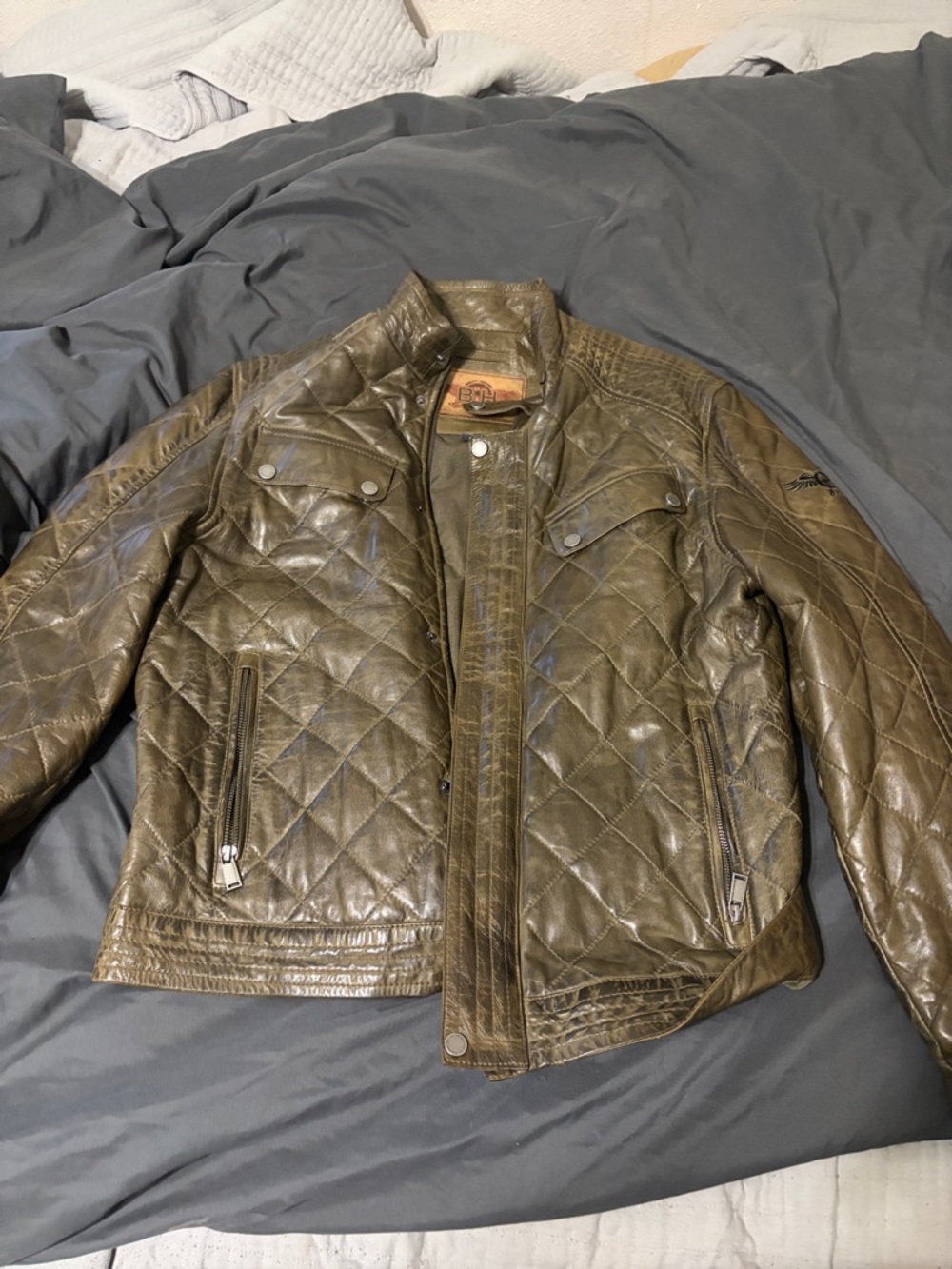 Mens Quilted Leather Bomber Jacket - Olive Green